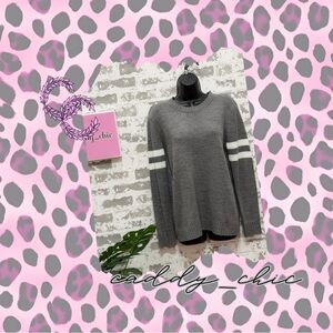 Forever 21 Gray Slub Knit Sweater Size M – White Stripe Sleeve Pullover EUC